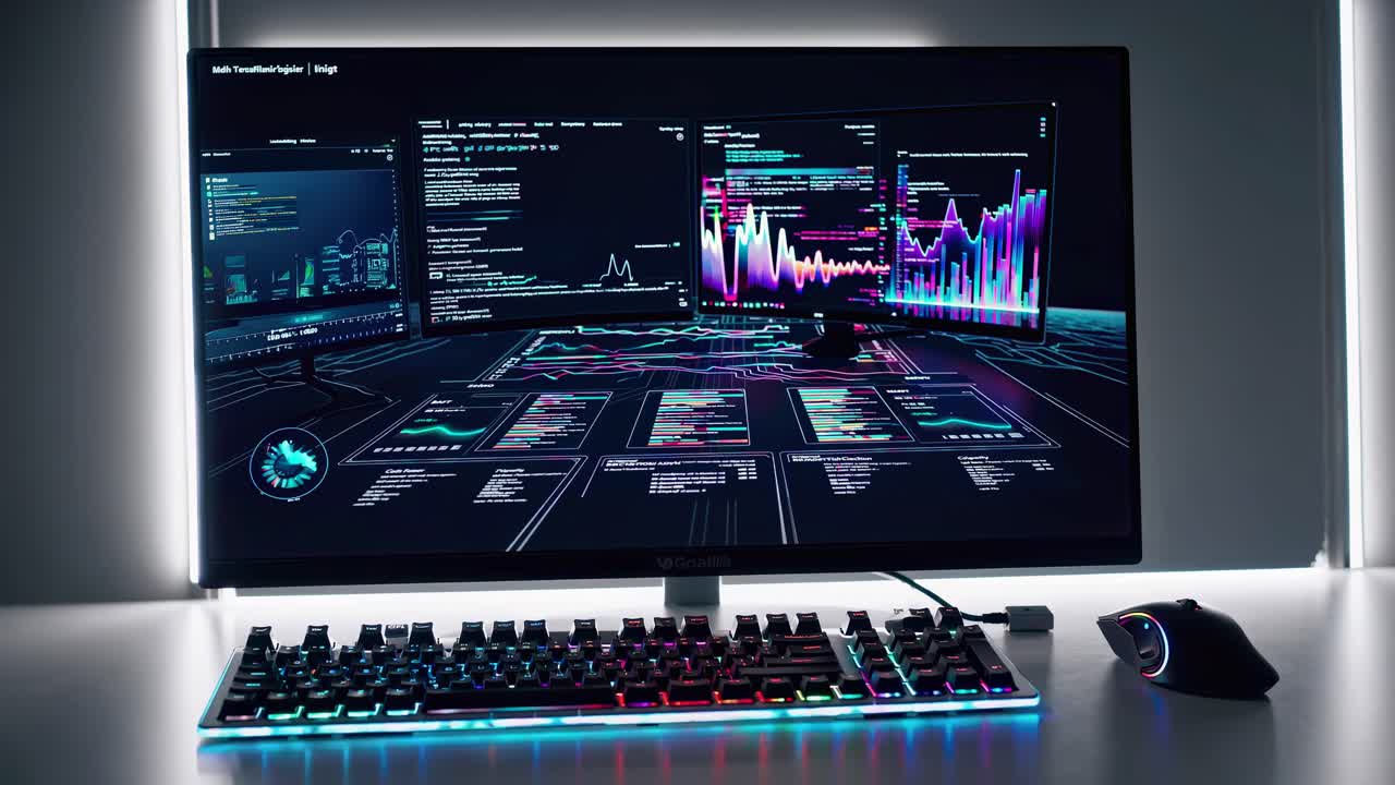 Futuristic workspace with a glowing keyboard and mouse, displaying vibrant data on screens