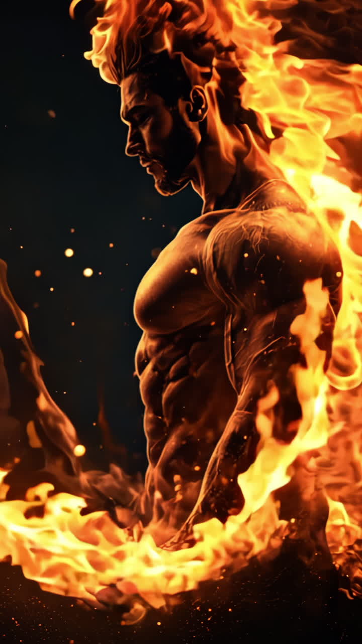 A man with a muscular body is standing in front of a fire. The fire is surrounded by a lot of sparks and the man is the center of attention. Concept of strength and power
