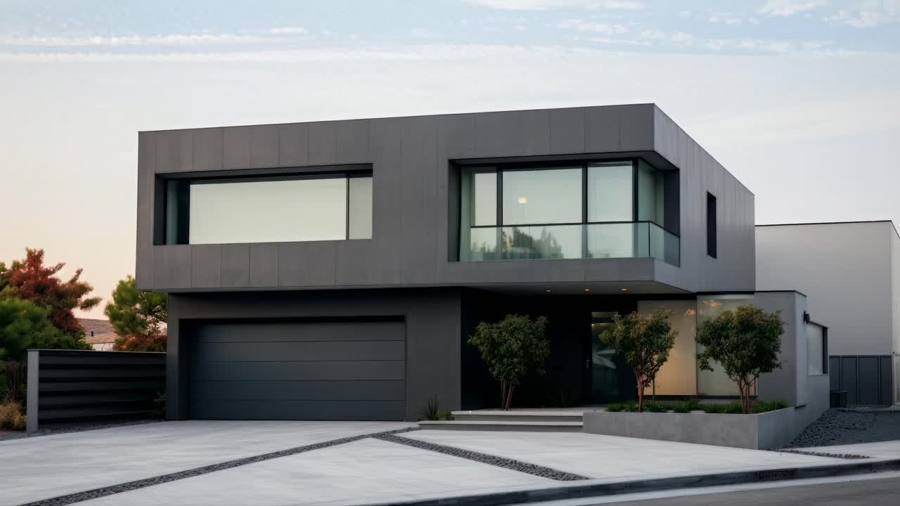 Exterior de casa moderna minimalista con líneas elegantes, capturado desde una toma de ángulo bajo.