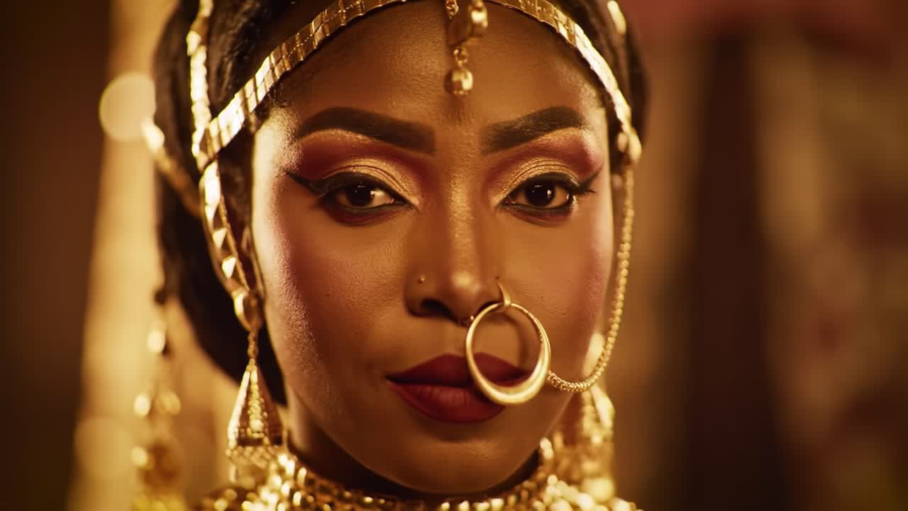 A performer adorned in traditional attire captivates with intricate makeup and jewelry, embodying cultural heritage. The atmosphere is rich with artistry and celebration, revealing depth and beauty.