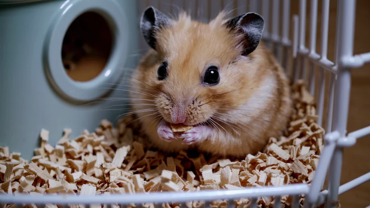 Close-up video angle of a hamster in a cage with wood shavings, showcasing a cozy and natural