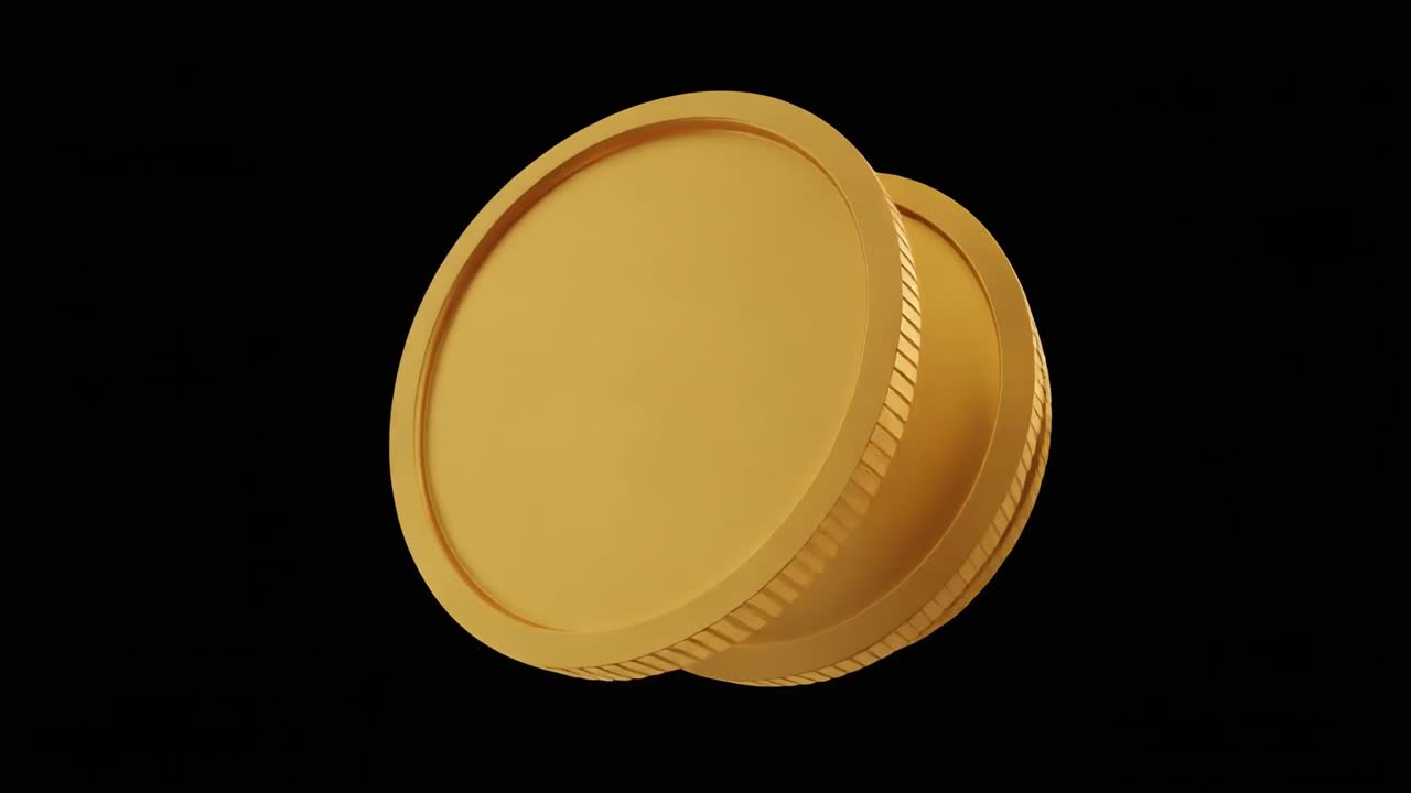 Monete d'oro che ruotano e girano su sfondo nero