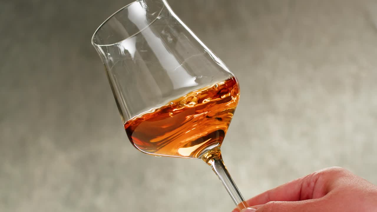 Orange or white wine bottle and glass against a sunset in a peaceful vineyard, pouring of ecological natural wine.