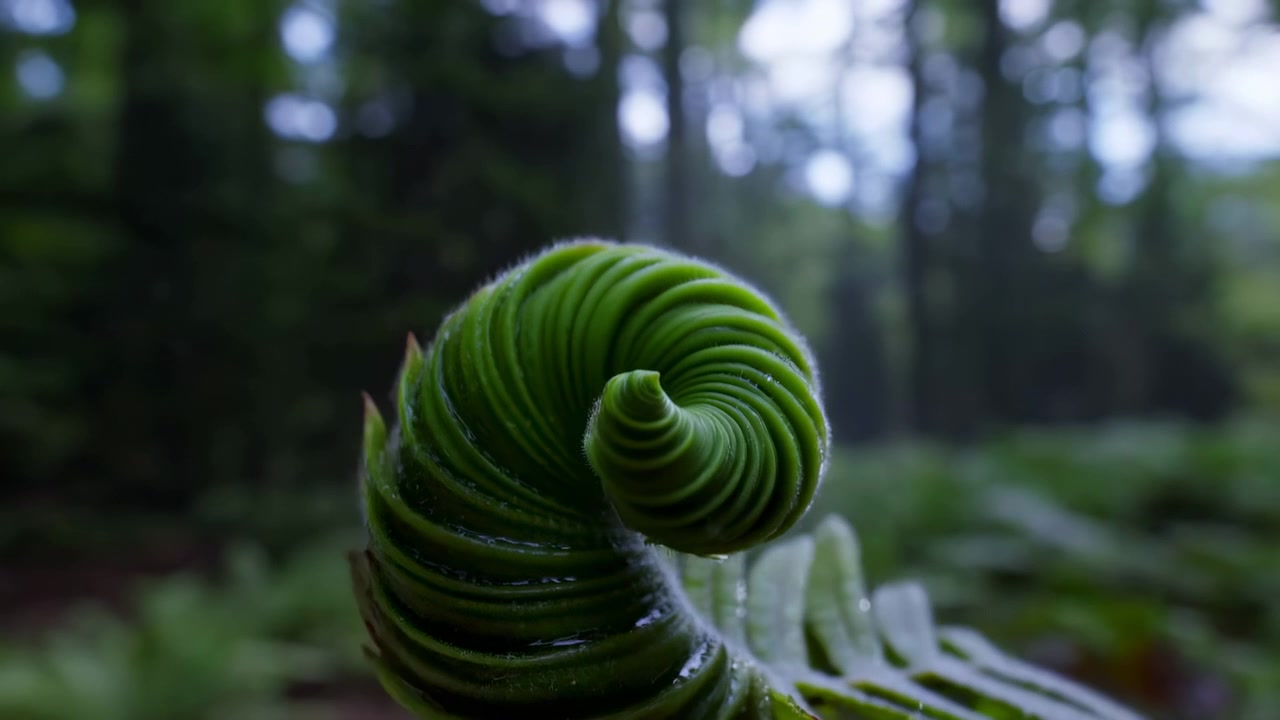 Close view follows a tightly coiled fern tip as it loosens and extends, with water droplets on fresh green foliage and softly focused tree trunks creating a calm woodland background.