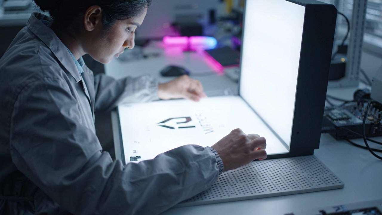 A focused individual carefully examines transparent materials under a bright light source, revealing intricate designs in a contemporary workspace setting.
