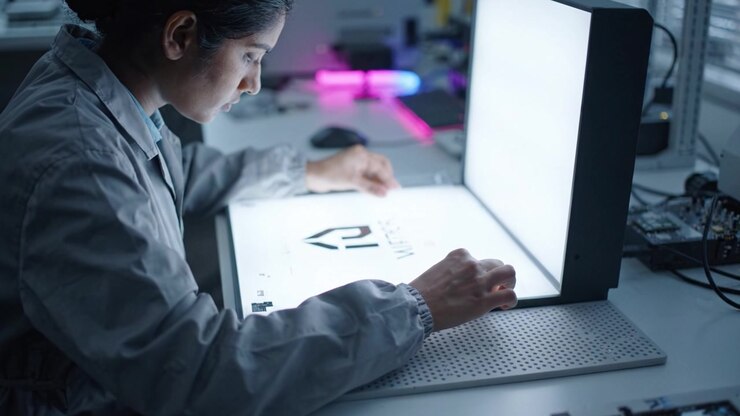 A focused individual carefully examines transparent materials under a bright light source, revealing intricate designs in a contemporary workspace setting.