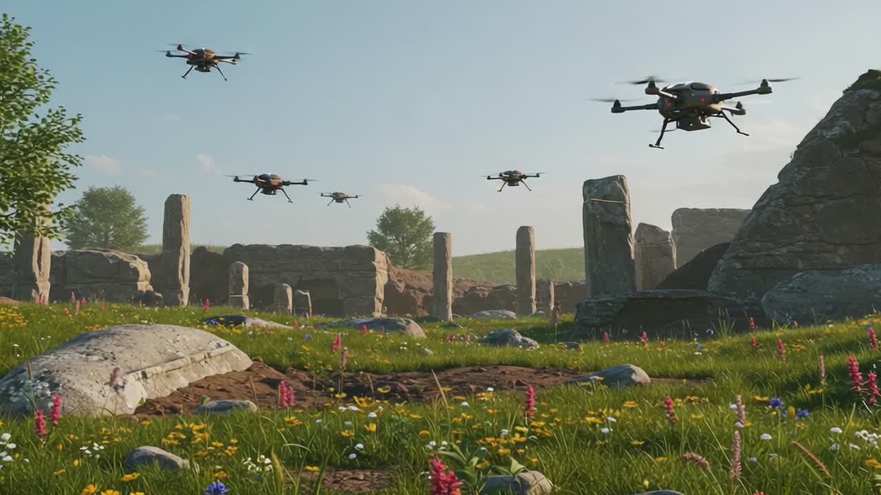 Aerial Exploration of Ancient Ruins: Drones Navigate Through Historic Stone Circles Surrounded by Vibrant Flora in a Scenic Landscape