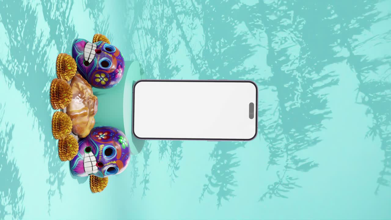 Mockup de smartphone na tomada, festa do Dia dos Mortos e fundo turquesa