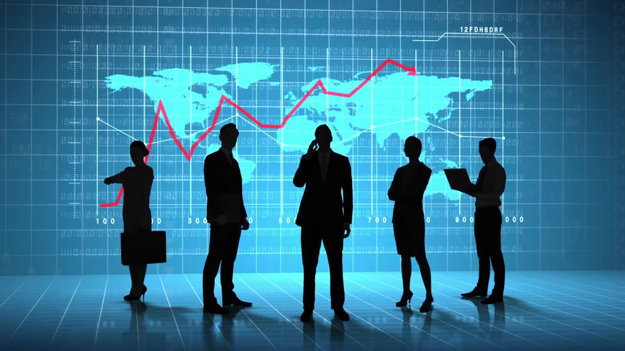 Business people in front of global business interface