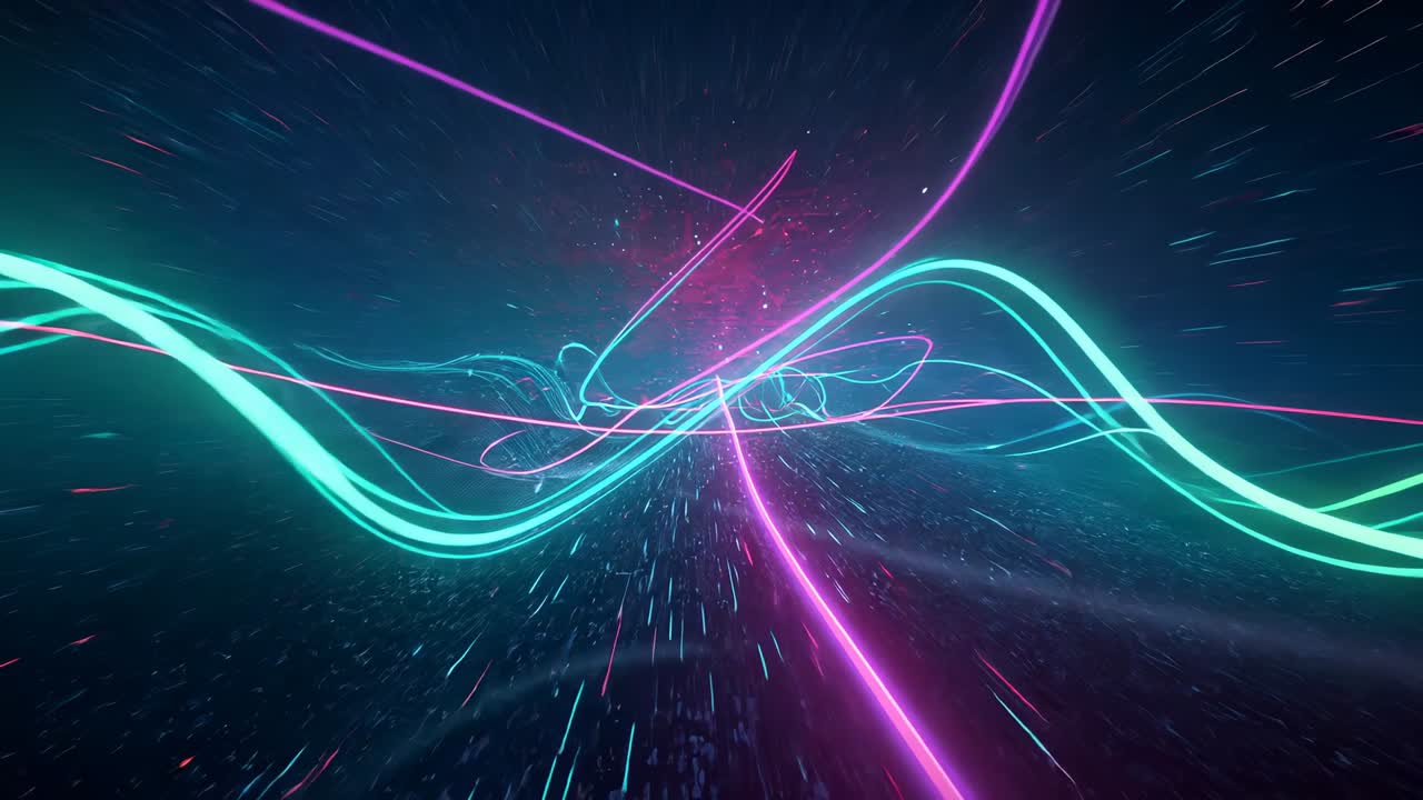 Converging neon light ribbons pulling viewer forward through cosmic tunnel, particle cloud emerging