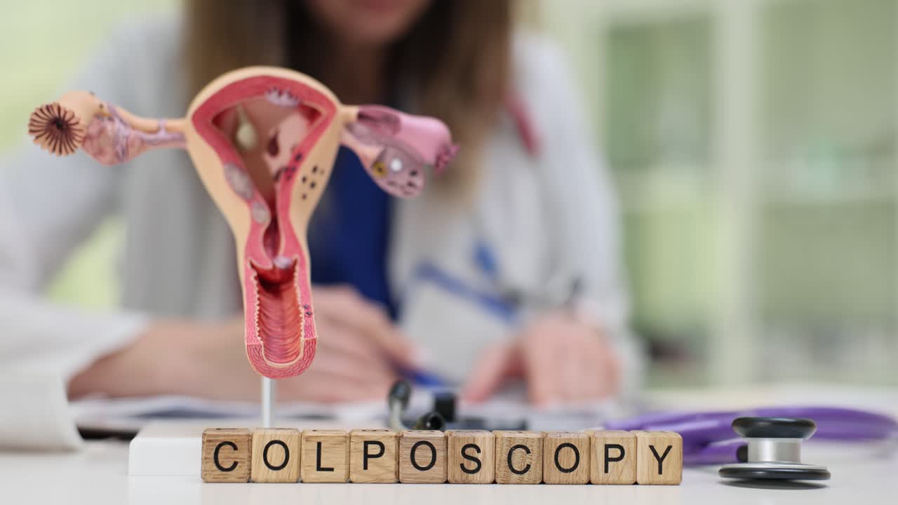 Cubetti di legno compongono la parola colposcopia vicino a un modello di utero presso un medico.