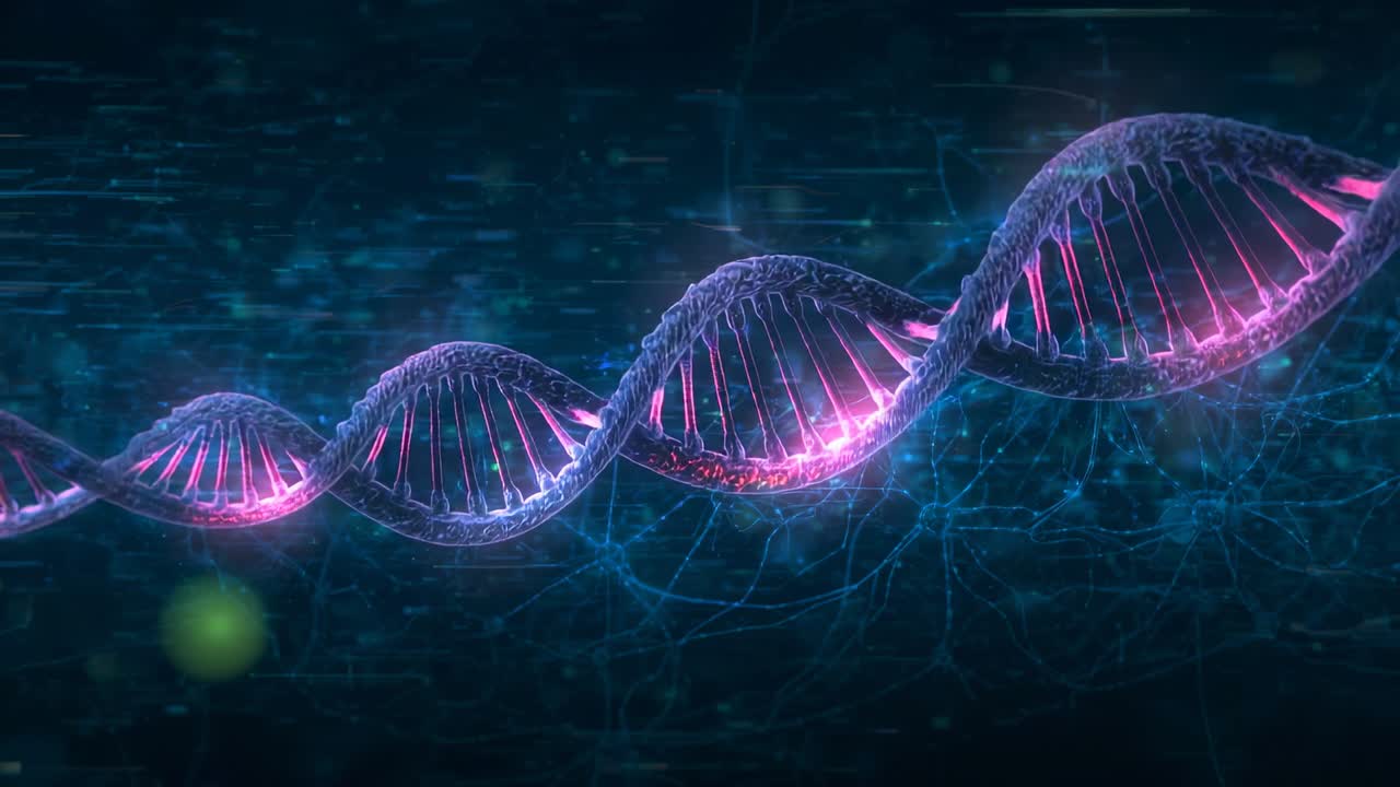 Starting DNA helix gliding and rotating revealing structure over neon-blue grid with data particles