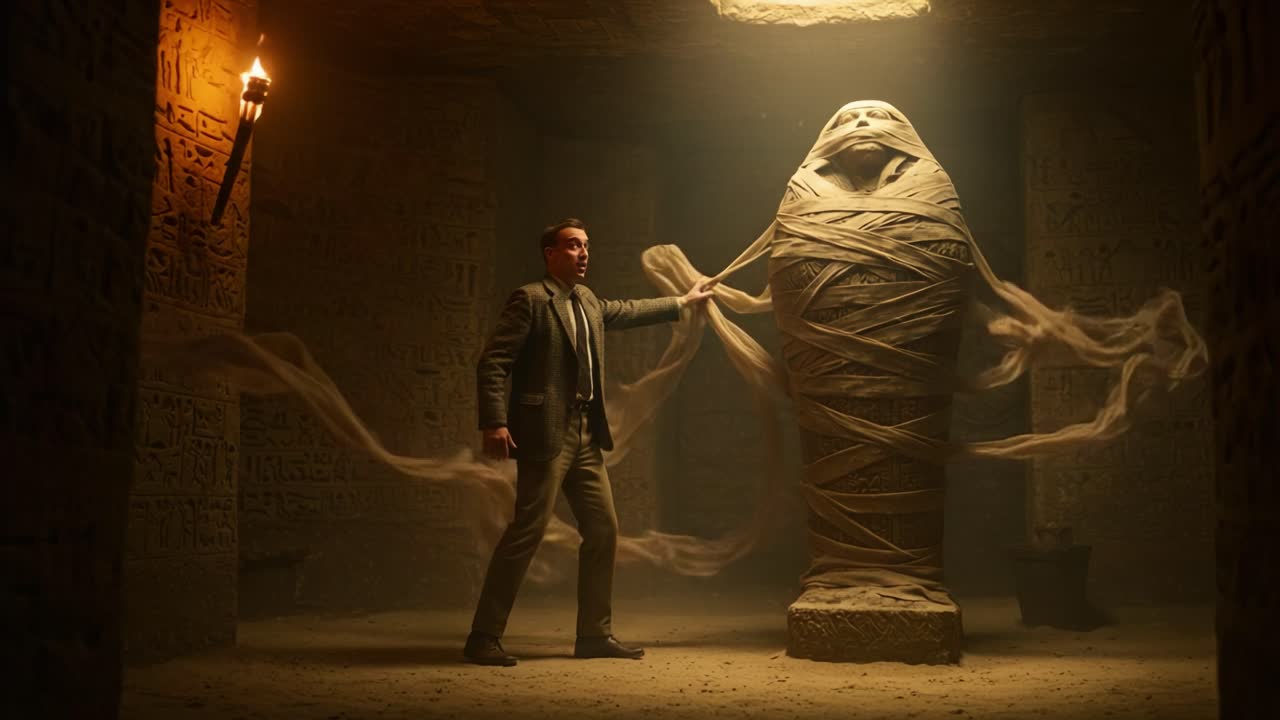 A Mysterious Encounter Within the Ancient Tomb: A Man Confronts a Mummy Wrapped in Ancient Cloth, Evoking the Secrets of the Past and the Thrills of Discovery