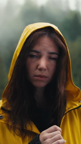 woman in a yellow raincoat in the rain