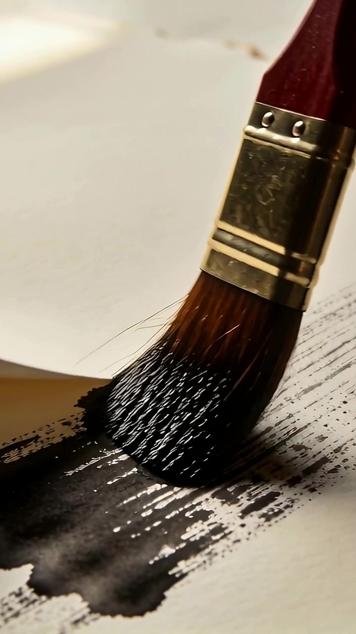 Video vertical: Entrada en encuadre, pincel plano presionando, arrastrando tinta sobre papel crema en un escritorio, alisando