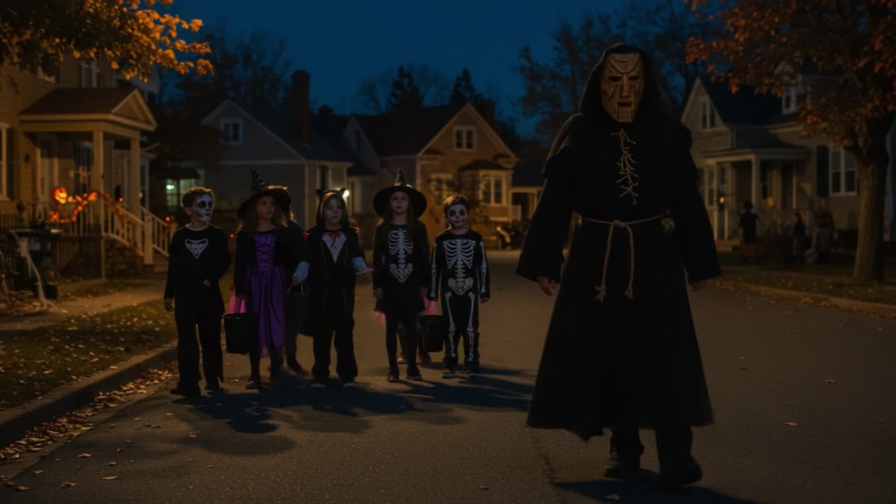 A Thrilling Halloween Night: Children Dressed in Spooky Costumes Walk Down a Suburban Street with an Eerie Figure Looming Behind Them