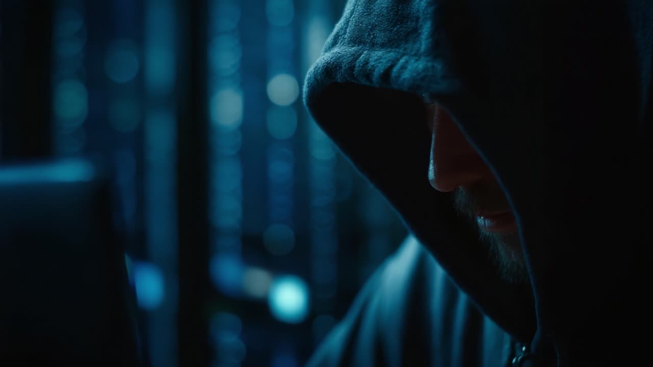 Una figura solitaria con una felpa scura con cappuccio si concentra intensamente su uno schermo di computer, circondata da una serie di luci brillanti, incarnando l'essenza di segretezza e intrigo digitale