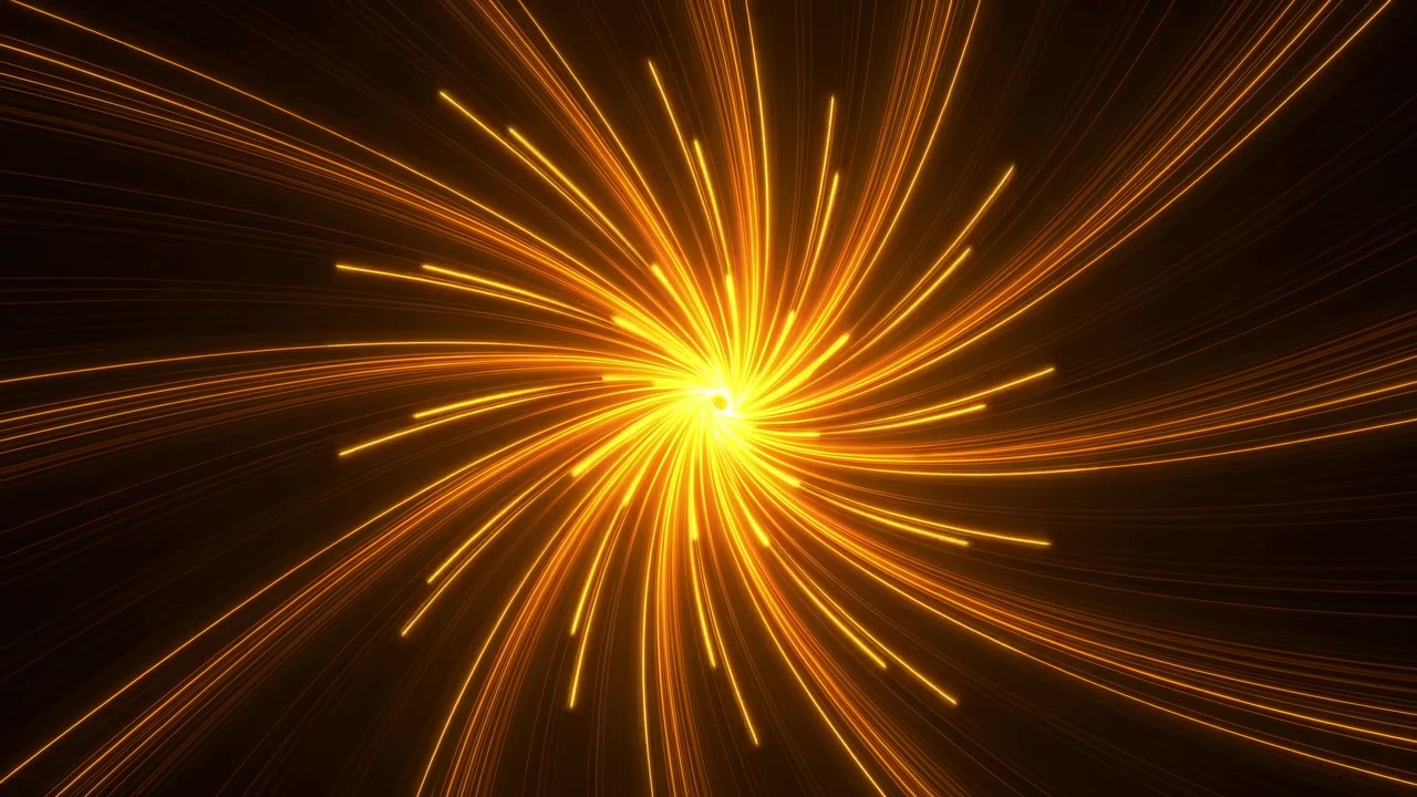 Bright amber and gold streaks arc outward from a glowing center as the spiral pattern changes through the sequence, with layered luminous lines flowing across a nearly black background.