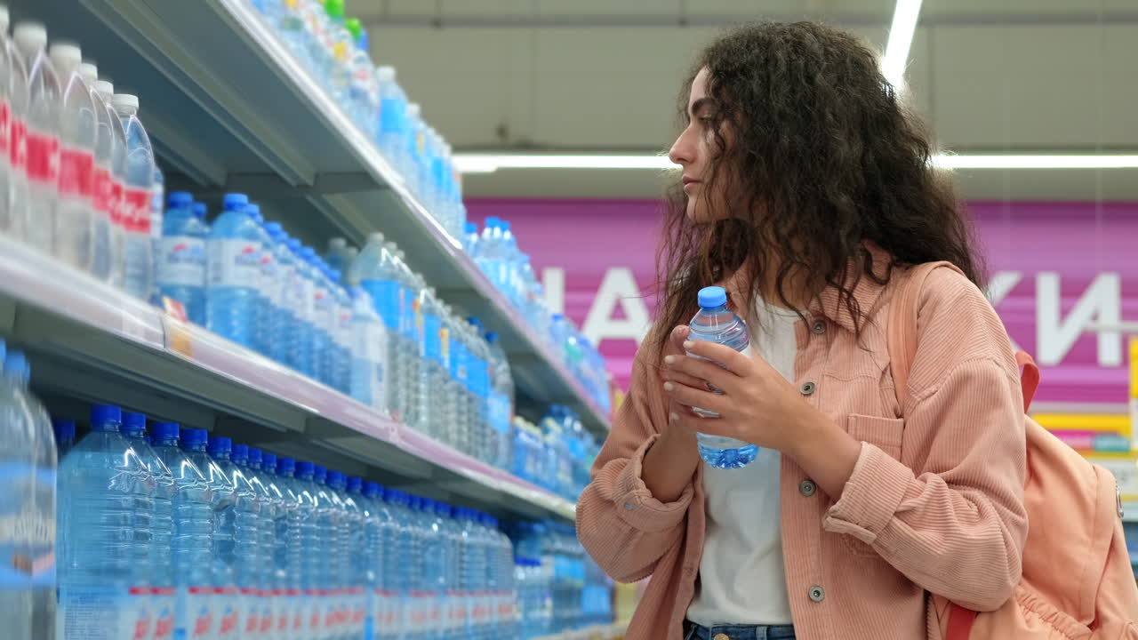 슈퍼마켓 에서 물 병 을 구입 하는 여자