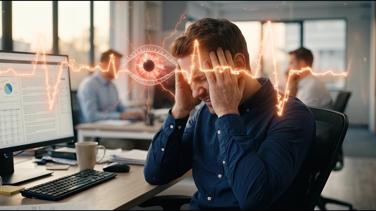 Impiegato stressato che soffre di mal di testa con affaticamento visivo digitale