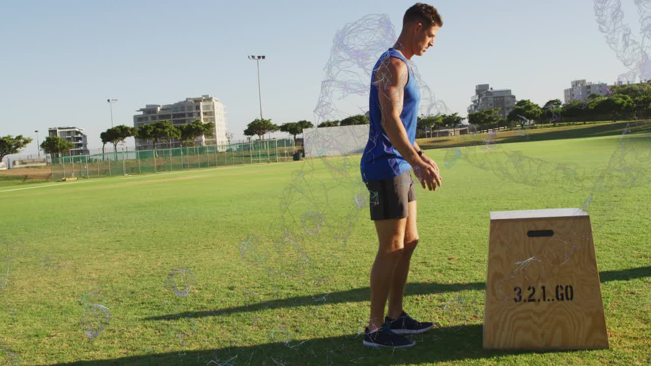 Man shifting weight and swinging arms, jumping onto plyo box 3