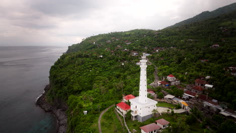 close-up, wide parallax aerial view, amed village lighthouse facility