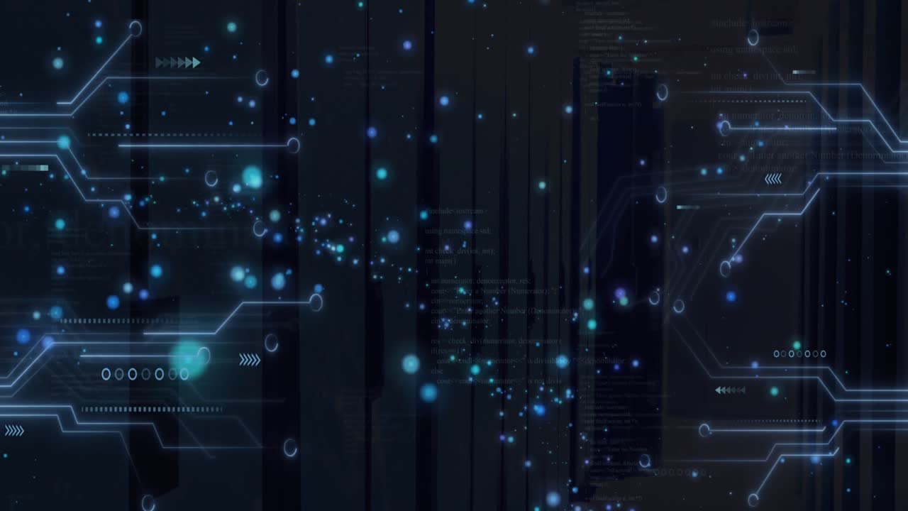 Animation of glowing blue spots and microprocessor connections against black background