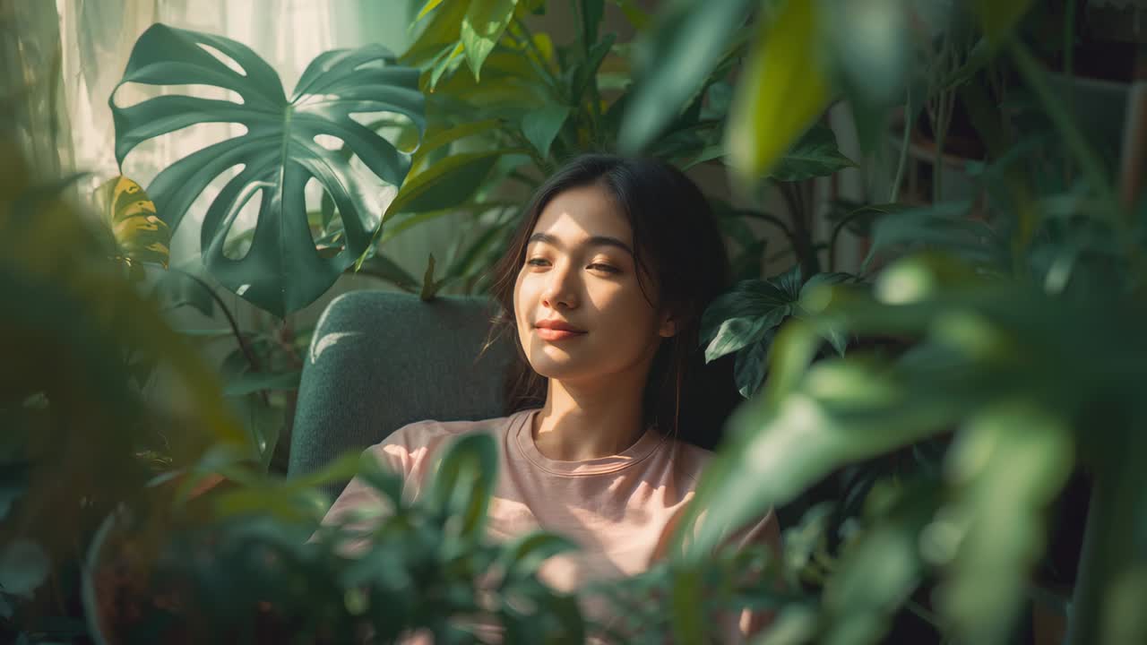 Tilting Asian woman in pink tee lifting gaze as sun filters through curtain in monstera nook