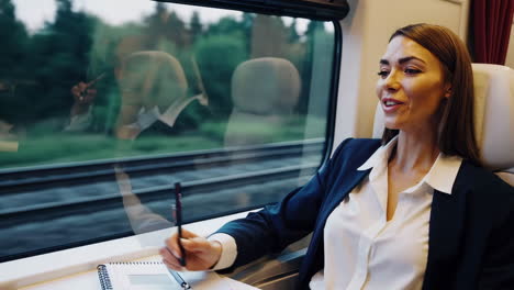 businesswoman working and traveling on a train