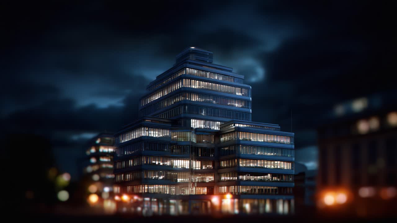 Architettura moderna illuminata di notte con cieli suggestivi e illuminazione urbana che mostra un design sorprendente in un ambiente paesaggistico cittadino
