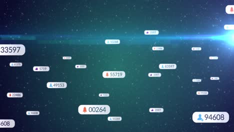 animación de cursores sobre iconos de redes sociales y números en banderas blancas y estrellas en el cielo nocturno