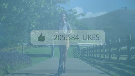 thumbs up icon with increasing likes against african american woman riding scooter in the garden