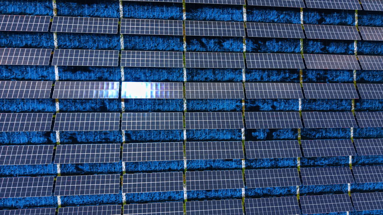 Motivo astratto di pannelli solari visti dall'alto. Righe sistematiche di moduli fotovoltaici blu che riflettono la luce solare in una composizione geometrica