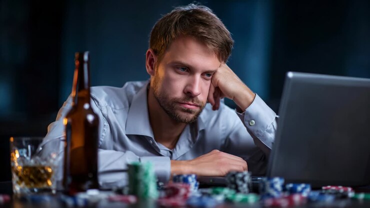 Un uomo pensieroso seduto a un tavolo circondato da fiches da poker e una bottiglia di birra, che fissa lo schermo di un portatile con un'espressione malinconica, catturando l'essenza della delusione e della riflessione