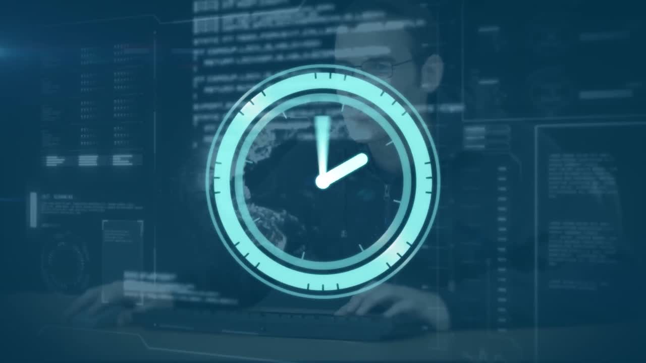 Animation of clock moving fast over computer servers