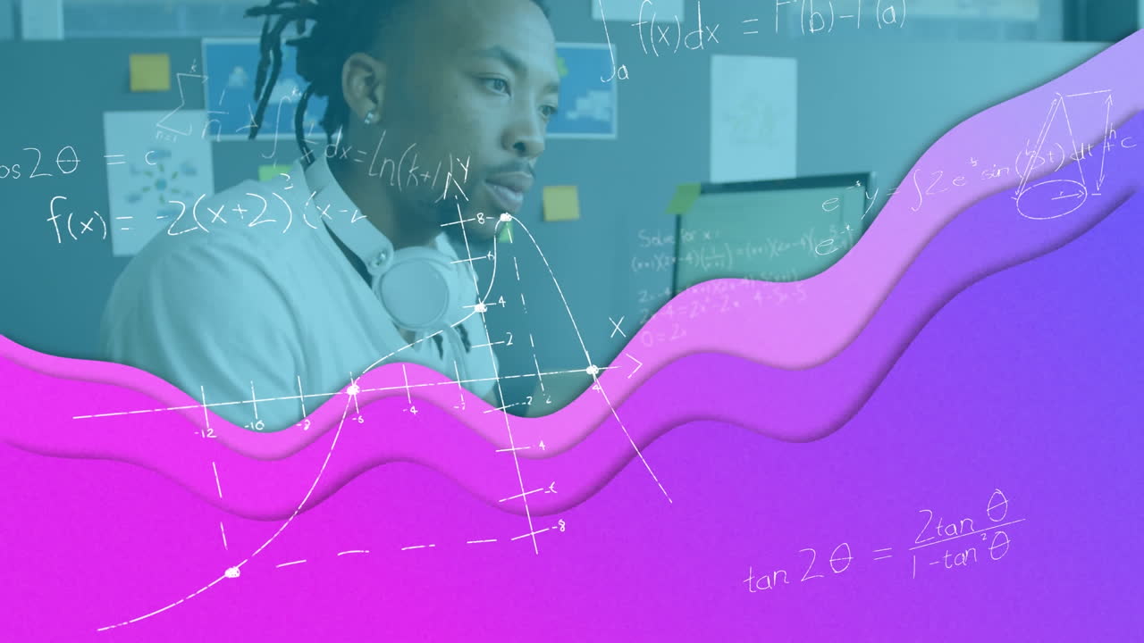 Animation of purple wave mathematical formulas over businessman using computer