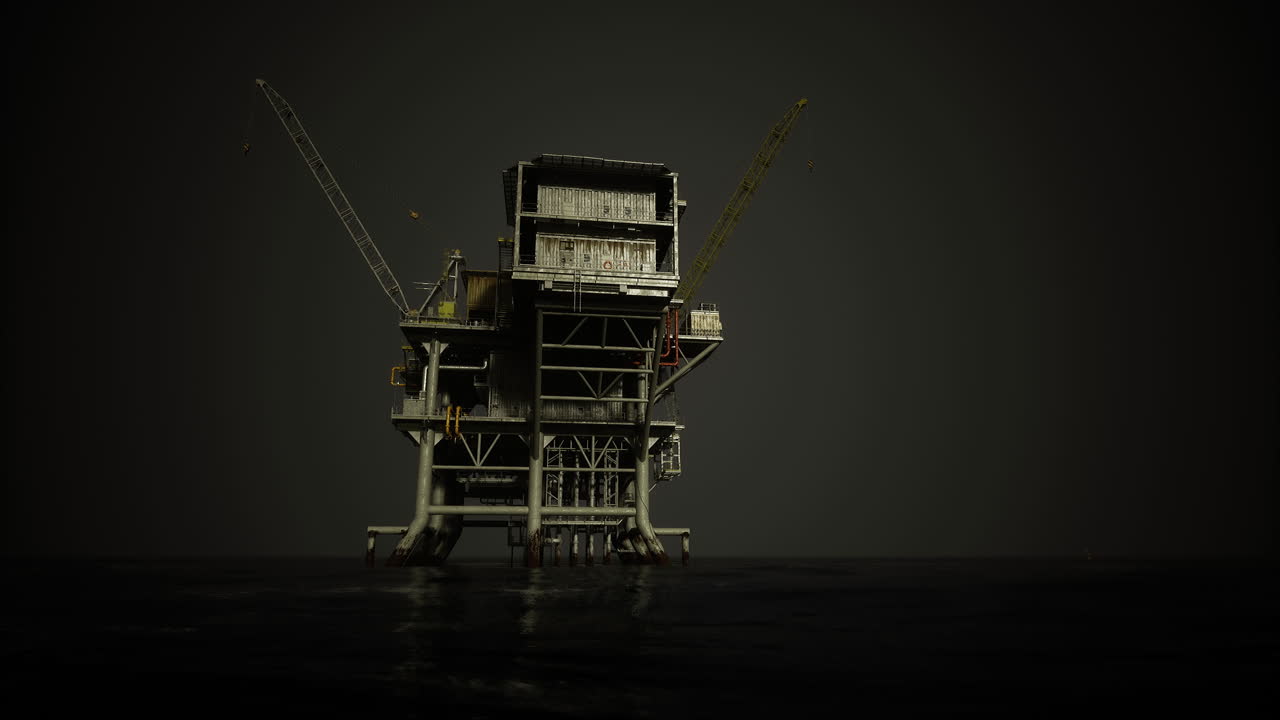 Oil rig illuminated against dark waters at night with yellow crane highlights