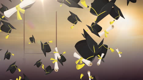 animación de gorras de graduación y diplomas sobre el fondo del atardecer