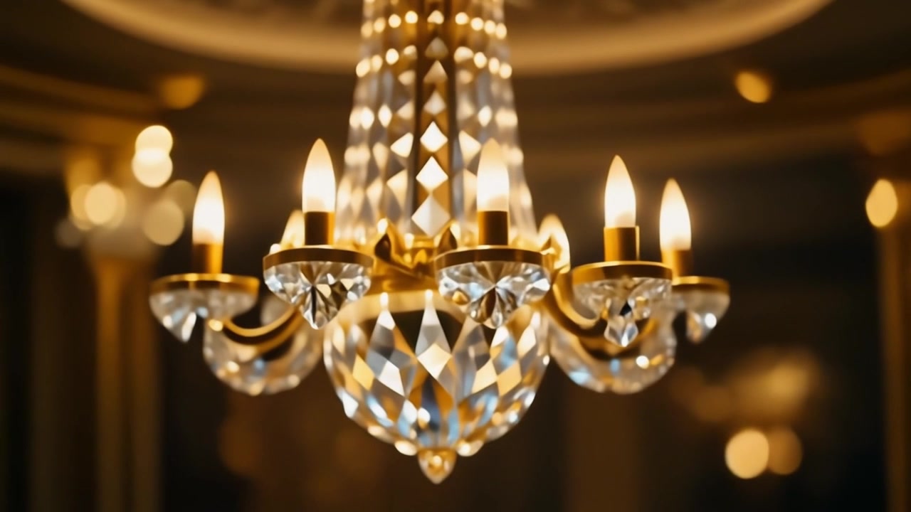 Crystal Chandelier Focusing Into Sharp Detail in Elegant Room