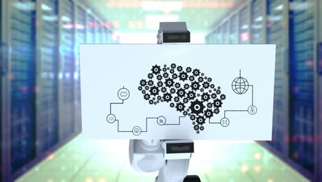 Digital-Generiertes-Video-Eines-Roboterarms,-Der-Eine-Karte-Mit-Diagramm-Der-Maschine-Hält