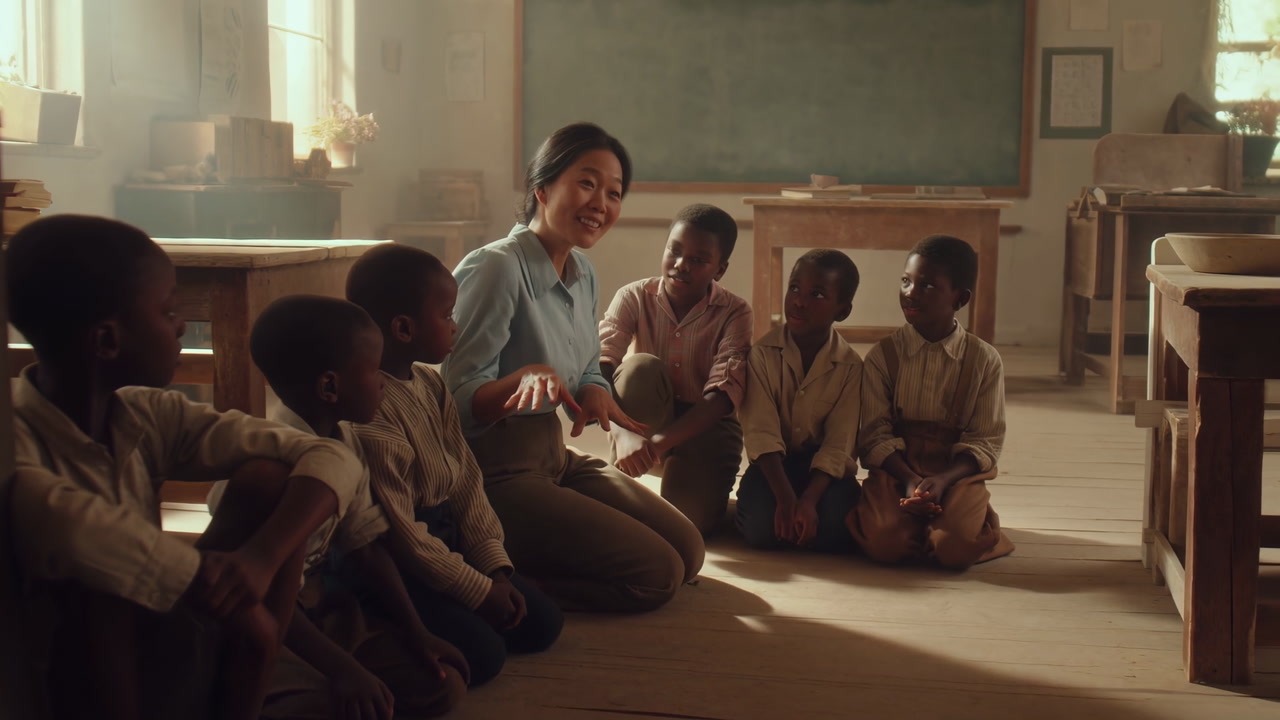 Teacher Leading Students In Sunlit Classroom. Volunteer Educator Gestures During Storytelling, Children Seated