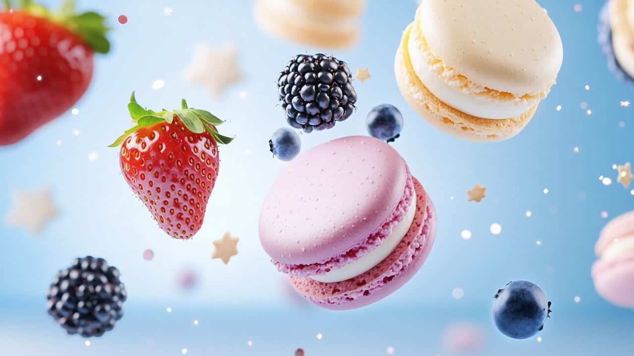 Delicious colorful macarons and berries. Bright macarons in pastel colors float above fresh strawberries and berries, creating a whimsical dessert display.