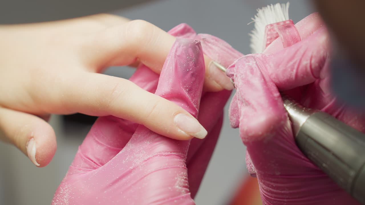 Close up image of nail technician wearing pink gloves using electric nail file to shape customer s fingernail during manicure session, visible dust particles indicating active filing