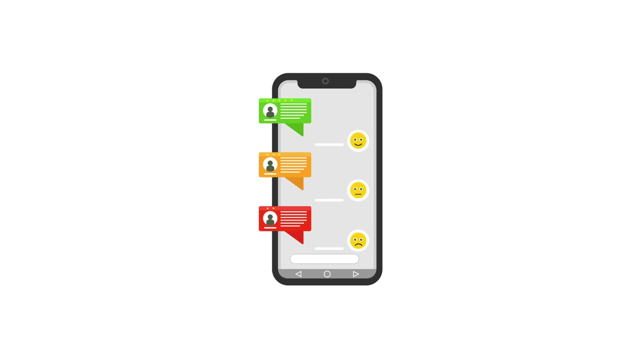Smartphone animato che mostra messaggi di chat e reazioni emoji
