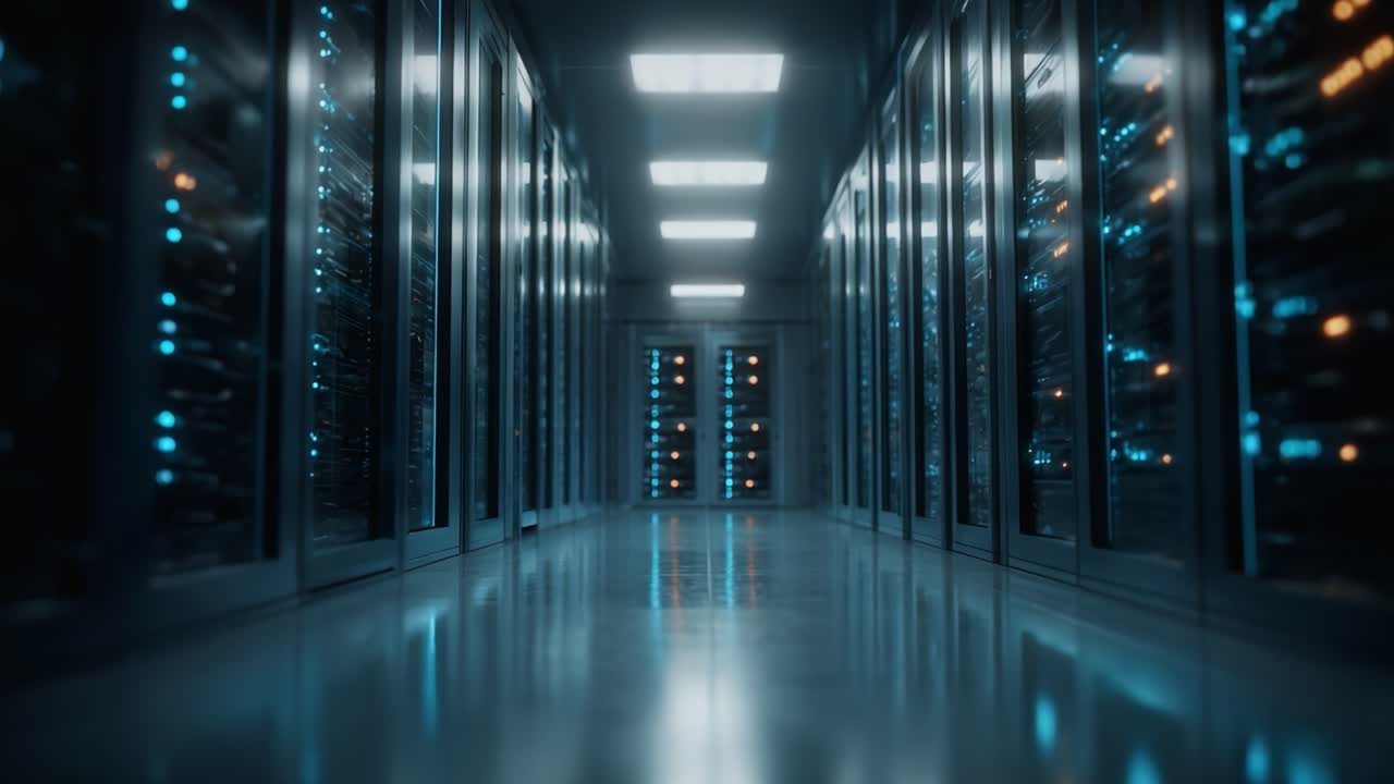 Et højteknologisk datacenterinteriør, der viser rækker af servere med oplyste lamper, hvilket skaber et futuristisk og effektivt computermiljø