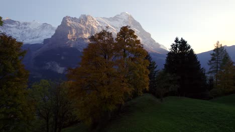 aerial drone footage rising up revealing dreamy view of grindelwald village and eiger north face in autumn sunset