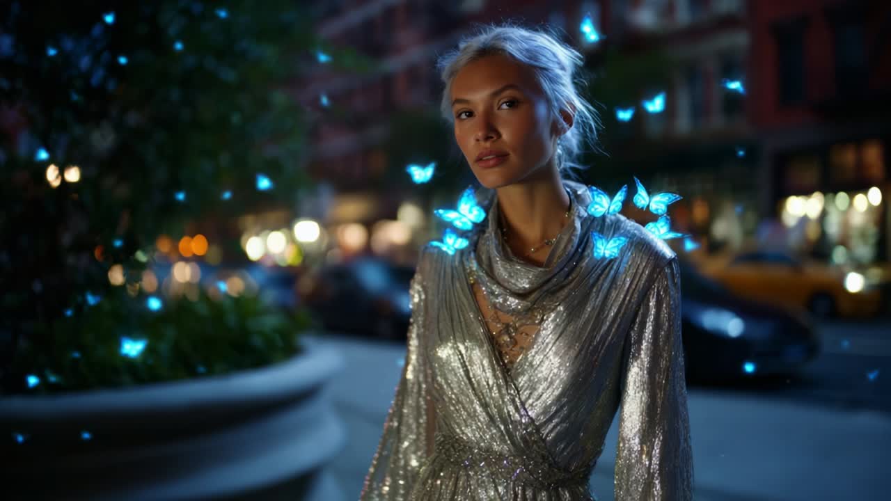 Enigmatic Beauty Amidst Urban Nightlife: A Stunning Model in a Shimmering Silver Attire Surrounded by Enchanting Blue Butterflies, Capturing the Magic of City Lights and Nature in Harmony