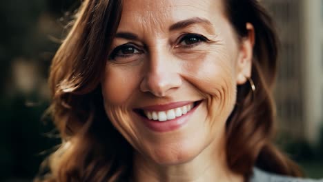 el primer plano captura a una mujer madura sonriendo ampliamente, mostrando sus dientes. el cabello marrón enmarca su cara, y los pendientes añaden un toque de elegancia. su expresión alegre irradia felicidad y confianza
