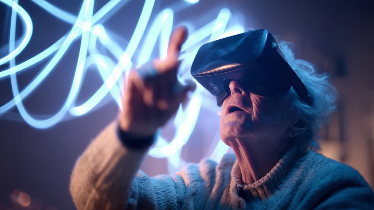 An elderly person engages with virtual reality technology, experiencing immersive digital environments while using VR goggles. The vibrant blue light trails add a dynamic visual element to this unique interaction