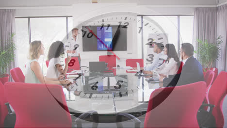 animation of clock over diverse group of business people